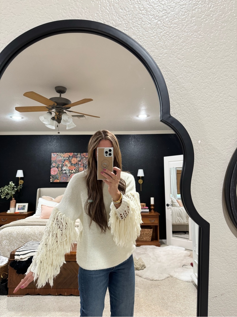 Forever 21 Cream Fringe Sleeve Crewneck Sweater